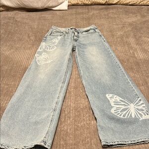 Blue Flare Wide Leg Jeans with Butterfly Detail
